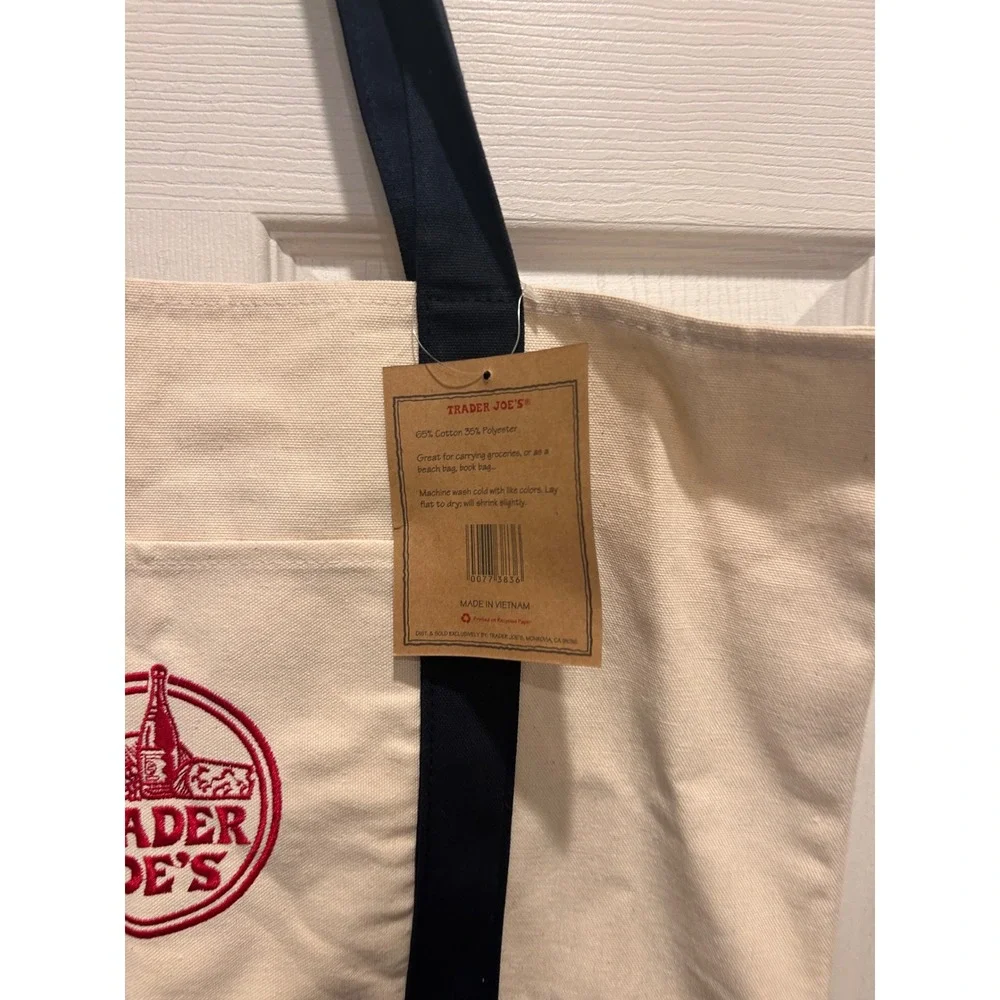 Trader Joe's Reusable Canvas Tote Bag Cream Navy Blue Embroidered Logo NWT